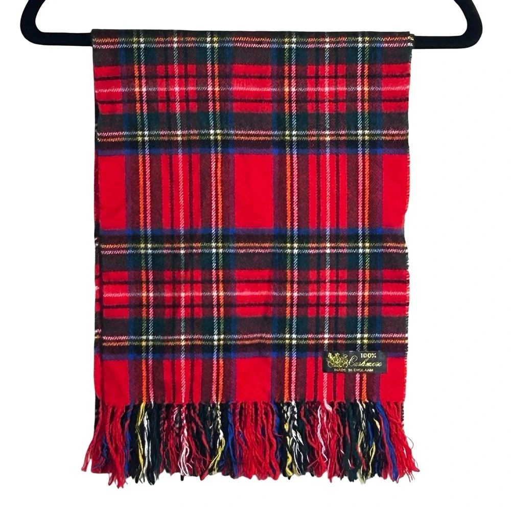 Royal Stewart Red Tartan Plaid 100% Cashmere Scarf Made in England Fringe Unisex